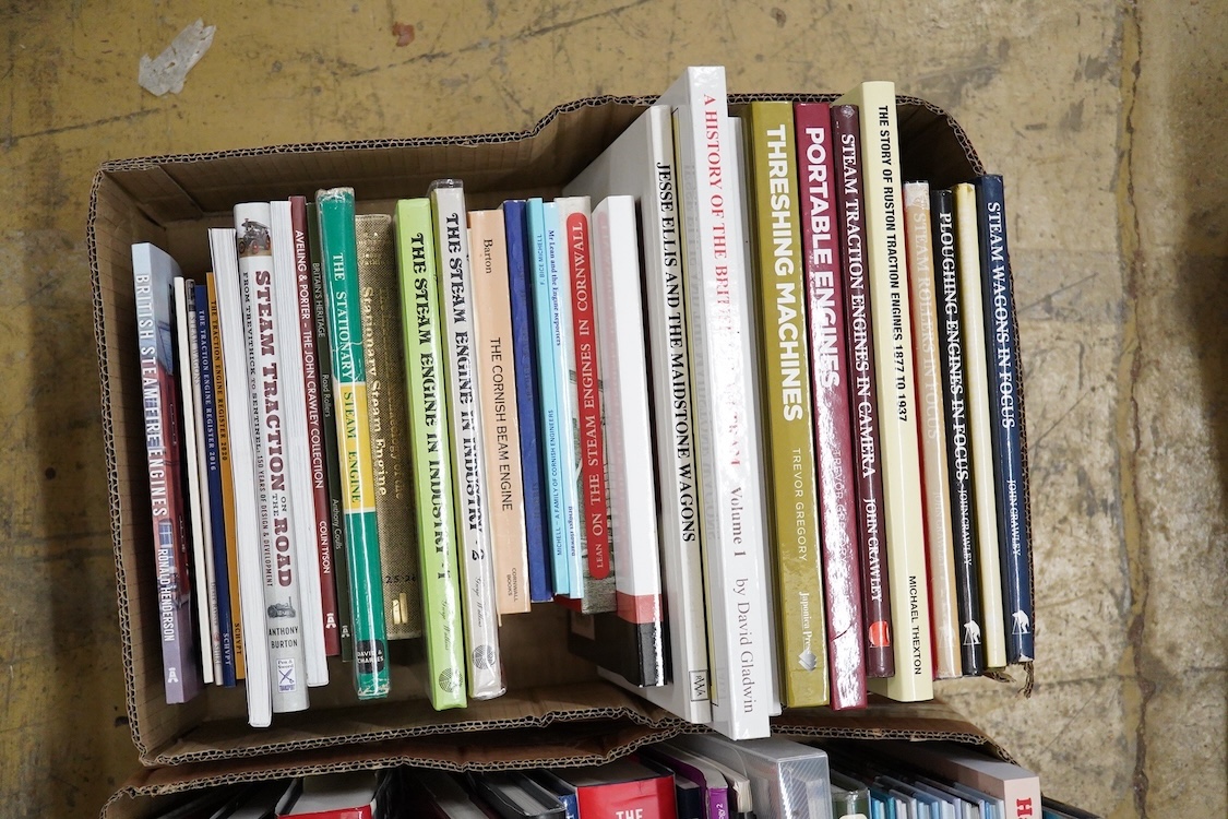 Four boxes of railway, etc. related books, subjects include; General Electric Locomotives, railway models, British Railway companies, traction engines, etc., publishers include; Pen & Sword, Ian Allan, Schiffer, etc.